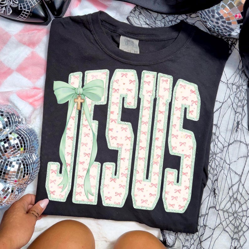 Jesus PNG Christian Shirt Design Bow and Cross Faith Graphic Religious Sublimation PNG Trendy Christian PNG Digital Download image 2
