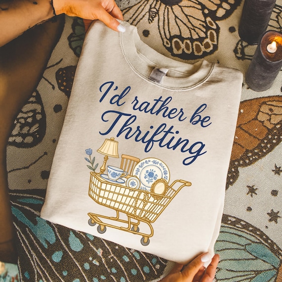 I’d Rather Be Thrifting PNG, thrift aesthetic shirt design, blue and gold vintage decor cart, retro thrifting graphic,boutique style digital