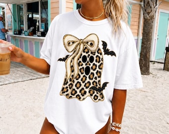 Leopard Ghost Halloween Shirt, Coquette Ghost Tee, Cute Spooky Season Shirt, Bow Ghost Graphic Tee, Gildan 5000 Halloween Shirt