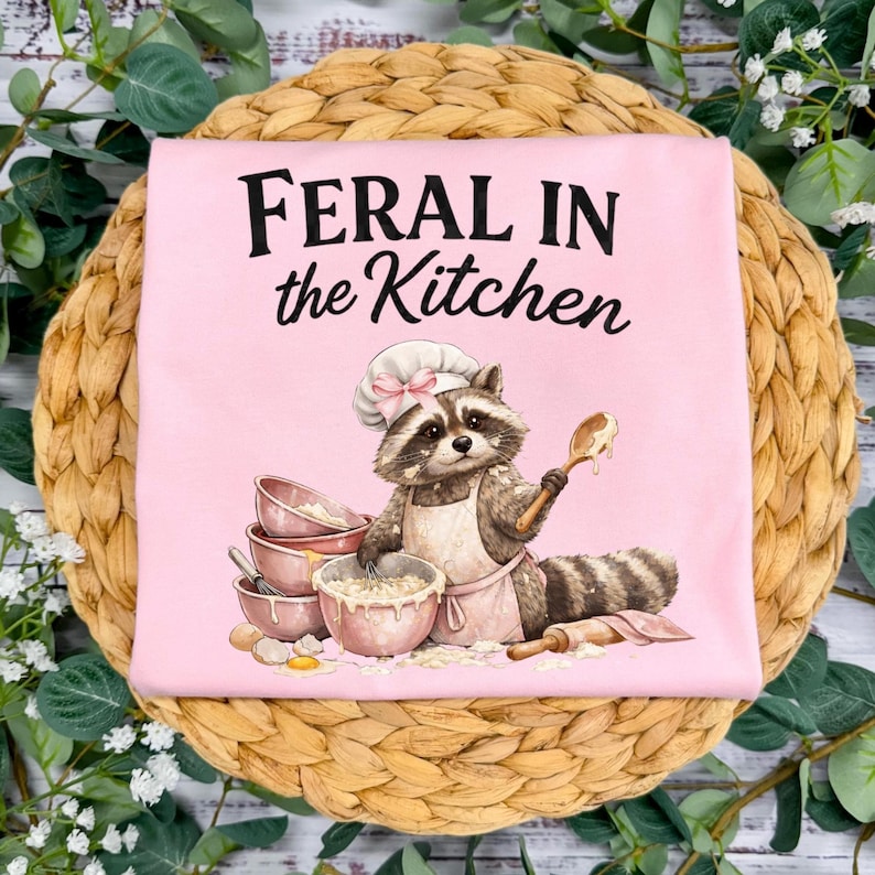 Feral in the Kitchen PNG , Funny Cooking Shirt Design , Cute Raccoon Baker PNG ,Trendy Kitchen Quote Digital Download , Raccoon PNG image 1