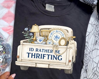 I’d Rather Be Thrifting PNG | Vintage Thrift Shirt Design | Blue & Gold Antique Truck Graphic | Boutique Thrifting PNG | Retro Cottagecore