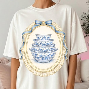 Vintage Thrifted Blue China Bow Bowls PNG, Cottagecore Kitchen Shirt Design, Feminine Antique Dish Digital Download