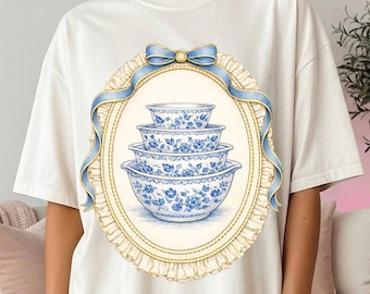 Vintage Thrifted Blue China Bow Bowls PNG, Cottagecore Kitchen Shirt Design, Feminine Antique Dish Digital Download