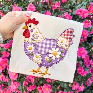 Patchwork Chicken PNG, Purple Gingham Hen Shirt Design, Faux Embroidery Floral Farmhouse Graphic, Sublimation Digital Download