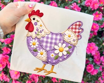 Patchwork Chicken PNG, Purple Gingham Hen Shirt Design, Faux Embroidery Floral Farmhouse Graphic, Sublimation Digital Download