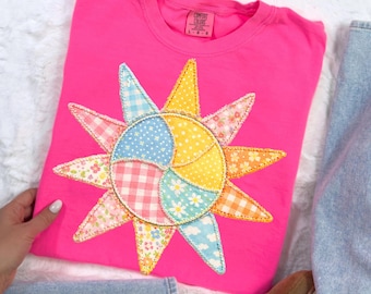 Faux Patchwork PNG / Boho Sun Graphic / Retro Patchwork Aesthetic, T-shirt da donna PNG, stampa a sublimazione e DTF, png trasparente, png estivo