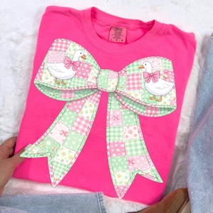Coquette Bow PNG Shirt Design, Pink Patchwork Bow Graphic, Preppy Easter Goose Ribbon PNG, Boutique Spring Tee File