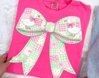 Coquette Bow PNG Shirt Design, Pink Patchwork Bow Graphic, Preppy Easter Goose Ribbon PNG, Boutique Spring Tee File