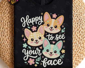 Glad att se ditt ansikte PNG, söt Corgi blommig hundälskare, tillbaka till skolan png, hundälskare lärartröja, retro djur clipart, glatt ansikte png.