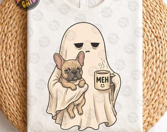 Rolig Halloween-spöke Fransk Bulldogg PNG, Meh Coffee Spooky Sublimeringsdesign, Introvert Hundskjorta Grafik, Retro Höst Digital Nedladdning