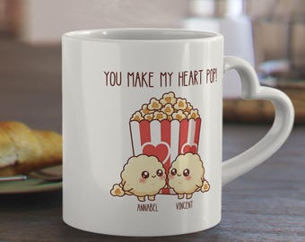 Personalized Valentine Heart Handle Mug • Couple Gift with 2 Names • “You make my heart pop” Cute Popcorn