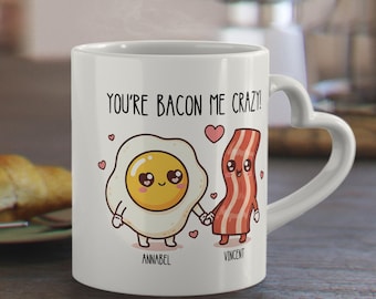 Personalized Heart Handle Mug “You’re bacon me crazy” – Cute Bacon & Egg – Valentine’s Day Gift for Couples