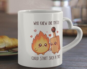 Valentine Heart Handle Mug “One Match” – Cute Match & Flame Design, Romantic Couple Gift for Boyfriend/Girlfriend, Love Pun Mug