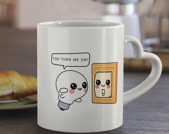Valentine Heart Handle Mug 11oz “You Turn Me On” | Cute Kawaii Funny Love Coffee Cup | Gift for Boyfriend Girlfriend