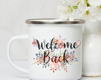 Personalized Welcome Back Enamel Mug – Custom Floral Gift