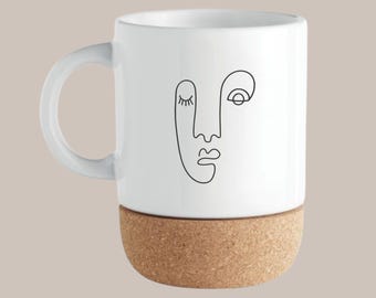 Unique Cork Cup featuring Abstract Face – Add your Quote – Sustainable Present for Art Enthusiasts