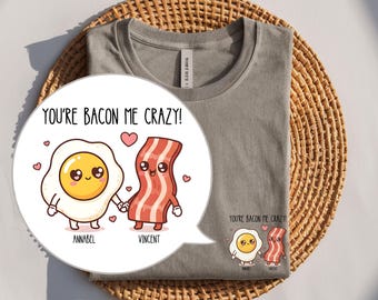 Personalized Valentine’s Day T-shirt with Kawaii Egg & Bacon, breakfast love design, couples matching, unisex Bella+Canvas 3001, cute gift