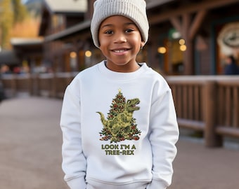 Funny T-Rex Christmas Tree Kids' Sweatshirt – Holiday Dinosaur Pullover