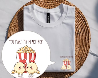 Personalized Valentine’s Day couple t-shirt with names – Bella+Canvas unisex tee, cute popcorn design “You Make My Heart Pop”, romantic gift
