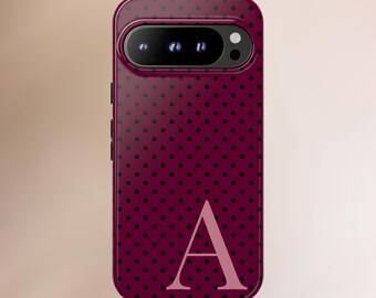 Personalized Google Pixel Tough Case – Burgundy Polka Dot, Custom Initial