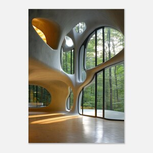 May include: An interior architectural design with flowing, organic shapes and large, curved windows. The space is filled with natural light, with a view of a verdant green forest visible through the windows. The walls and ceiling have a smooth, light-coloured finish.