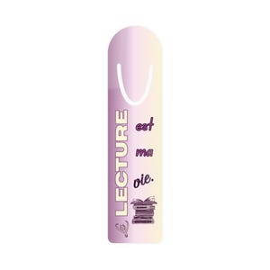 May include: A bookmark with a gradient of purple and white. The word "LECTURE" is printed vertically in purple, with "est ma vie" in smaller purple text. A stack of books and a bow are at the bottom.