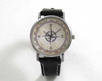 Compass Wrist Watch w/ Black or Brown Leather Strap