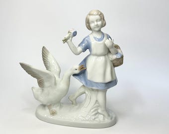 Vintage Porcelain Girl with Goose Figurine