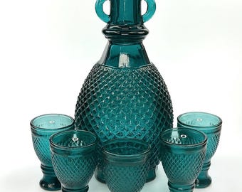 Vintage Teal Glass Decanter Set – 6-Piece Set