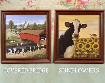 Farmhouse Cow Art – Choice of 2 Framed Prints by Herrera: “Covered Bridge” or “Sunflowers”