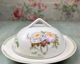 Vintage German Butter Dish With Lid – Hand-Painted Roses