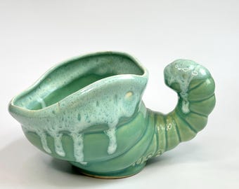 Vintage USA Pottery Cornucopia Planter - Green Drip Glaze, Mid Century Decor
