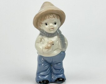 Vintage Ceramic Farm Boy with Hat and Bird