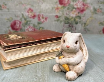 Vintage Shayne McCarter Bunny Figurine: Rustic Resin Rabbit with Carrot