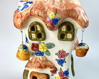Vintage Hand-painted Ceramic Cottage Candle House – Whimsical Cottage Décor