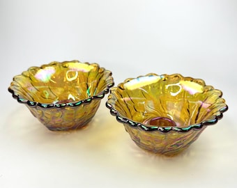 Set of 2 Amber Carnival Glass Candle Holders – Iridescent Swirl Leaf Pattern