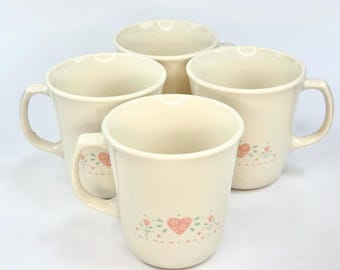 Set of 4 1980s Corning USA Coffee Cups - Pink Heart & Floral Pattern