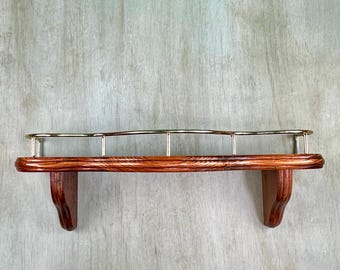 Vintage Wood Wall Shelf with Brass Rail