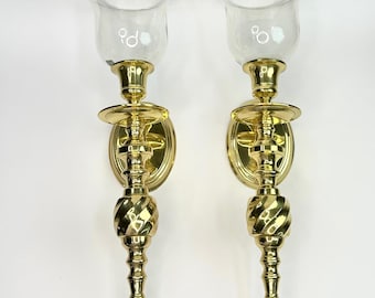 Vintage Polished Brass Wall Sconces with Glass Globes - Set of 2 Candle Holders
