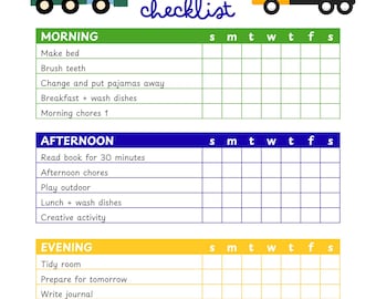 May include: A vibrant daily checklist for Hunter, with truck illustrations. The checklist is split into morning, afternoon, and evening, with tasks such as making the bed, brushing teeth, and reading. Includes a section for points collected.
