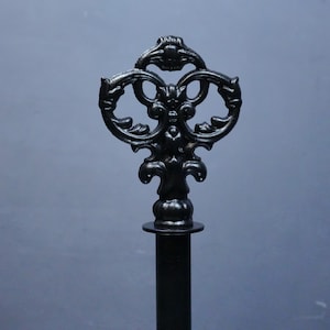 May include: A black, ornate metal key-shaped decorative object. The key features a detailed, symmetrical design with swirling patterns and a fleur-de-lis at the top. The key is mounted on a black rod.