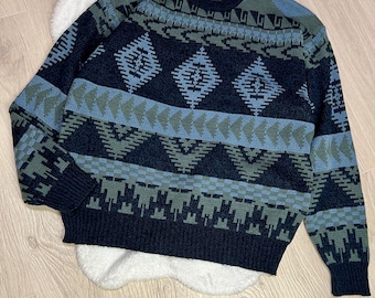 Suéter de punto Gianfranco para hombre – Hecho en Corea – Talla L – Estampado geométrico azul marino y gris – 100 % acrílico