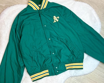 Chaqueta universitaria de satén con cierre completo de los Oakland Athletics, color verde, 12-14 años