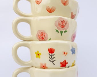 Juego de tazas de café de porcelana / Tazas de cerámica pintadas a mano con diseño floral (290 ml)