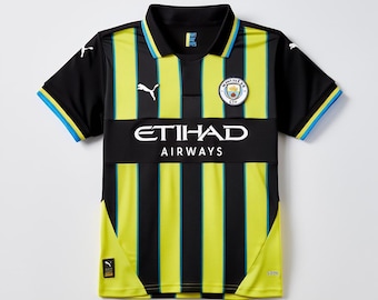 Camiseta de visitante del Manchester City 2024/25 – Talla para niños 152 cm (11-12 años) – Puma DryCell – Patrocinador de Etihad Airways – Azul marino y amarillo neón
