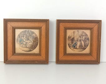 Pair of Framed Antique French Style Reproduction Prints 4.5 x 4.5 each