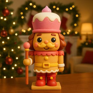 Puede incluir: Una figura de cascanueces caprichosa y colorida con un diseño único. La figura tiene un cuerpo marrón claro, un sombrero rosa y blanco y botas rojas. Sostiene un bastón con un orbe rosa. El fondo presenta un árbol de Navidad y decoraciones festivas.