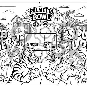 Puede incluir: Página para colorear en blanco y negro con el tema del Palmetto Bowl. Incluye el texto "Go Tigers!" y "Spur Up!" con ilustraciones de un tigre, un gallo, balones de fútbol y calabazas. También están presentes las palabras "Clemson" y "South Carolina".