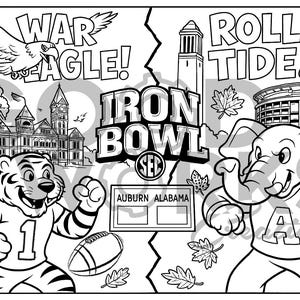 Könnte beinhalten: Schwarz-Weiß-Illustration mit einem Tiger und einem Elefanten, die Auburn und Alabama repräsentieren. Der Text "WAR EAGLE!" und "ROLL TIDE!" werden angezeigt. Die Worte "IRON BOWL" sind ebenfalls vorhanden, zusammen mit dem SEC-Logo.