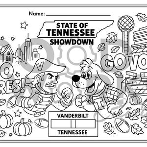 May include: Black and white colouring page depicting a Vanderbilt vs. Tennessee showdown. Includes the text "STATE OF TENNESSEE SHOWDOWN", "GO DORES!", and "GO VOLS!" with footballs, pumpkins, and autumn leaves.